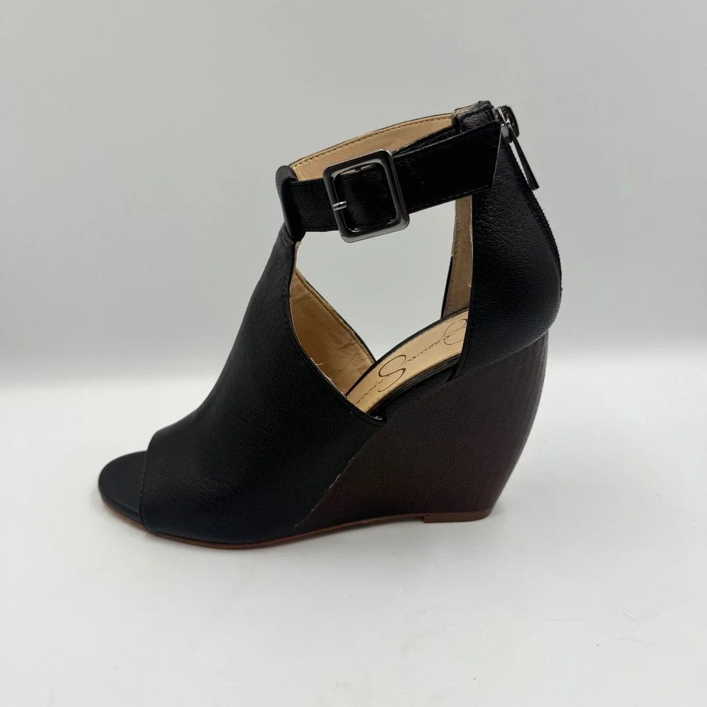 Jessica Simpson Crimsella Black Leather Wedge Sandals Peep Toe Ankle Strap 7M